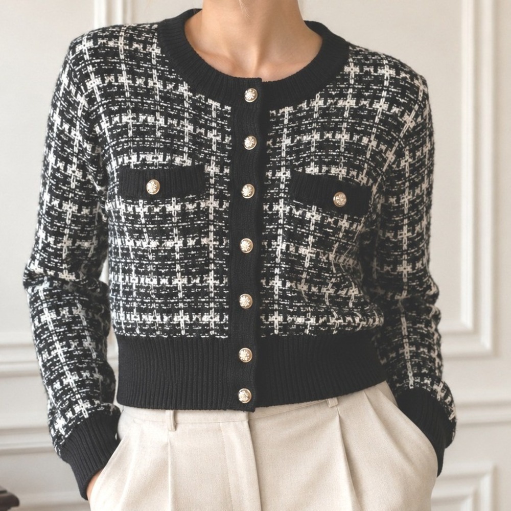 SHEIN Black White Plaid Cropped Cardigan Gold Button‎ Knit Sweater Size M US 6